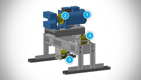 Frame of the lift machine with a traction pulley and deflection pulleys